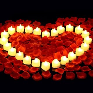 cridoz 2000 Silk Artificial Rose Petals & 24 Heart LED Tea Lights - Romantic Valentine's Wedding Decor Set, Warm White Glow