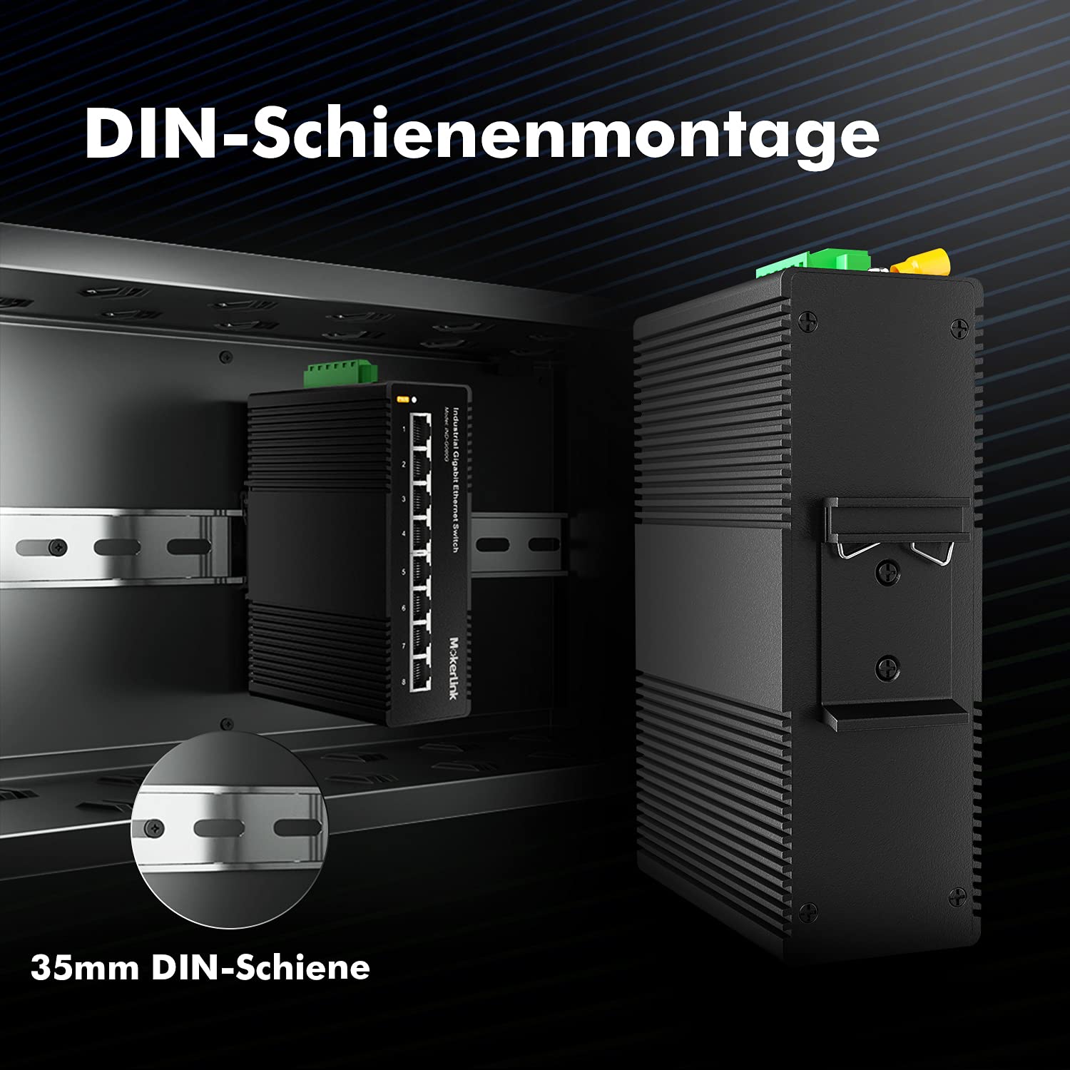 MokerLink 8 Port Gigabit Industrial DIN-Rail Ethernet Switch Hutschiene, 16Gbit/s Schaltkapazität, IP40 Unmanaged Network Switch (-40 bis 185 °F), mit Netzteil