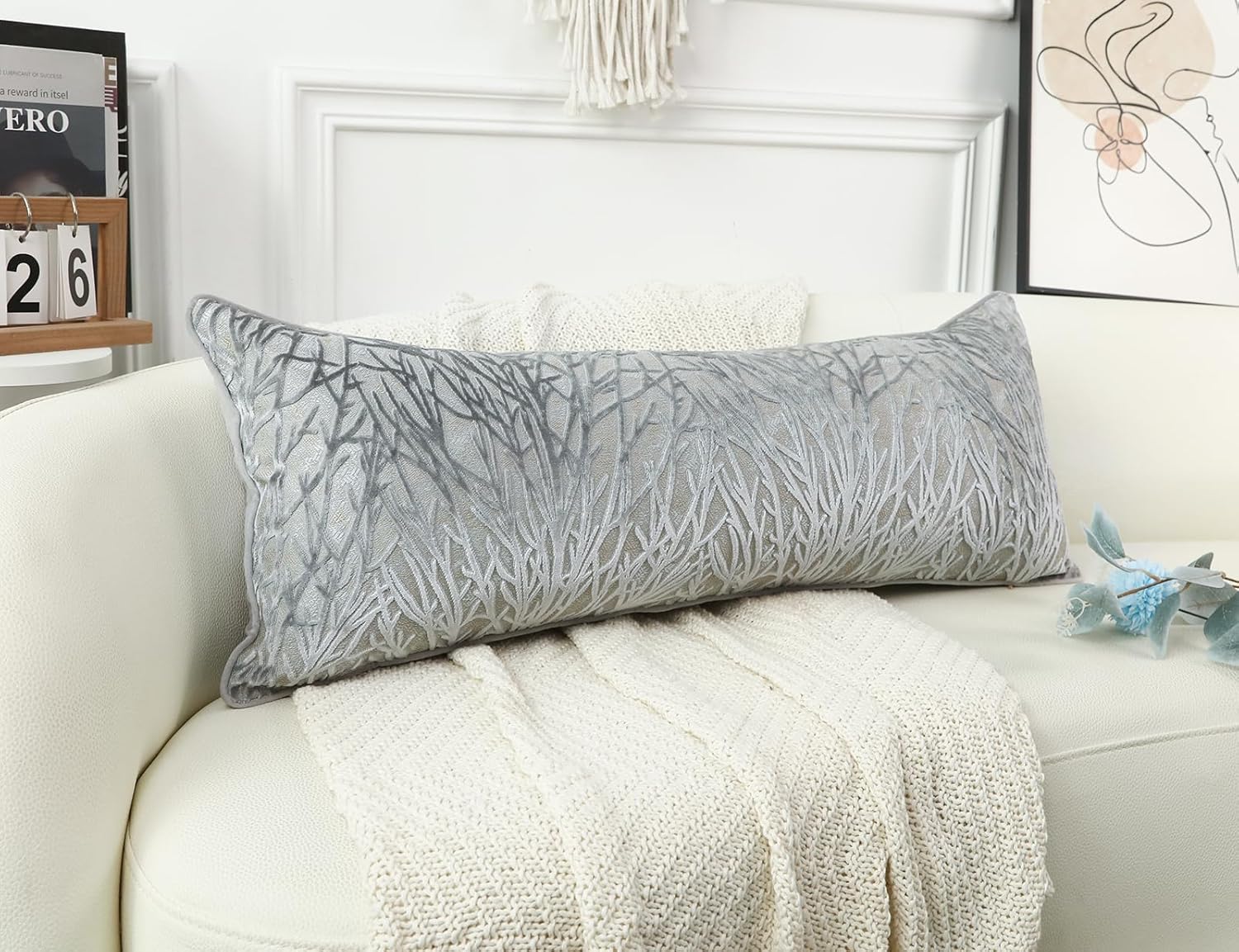 PANOD Decorative Modern Extra Long Pillow Cover 14 x 36, Boho Long Pillow for Bed,Soft Velvet Twigs Textured Coastal Neutral Long Lumbar Pillow Cover for Sofa Couch Farmhouse Livingroom, Grey