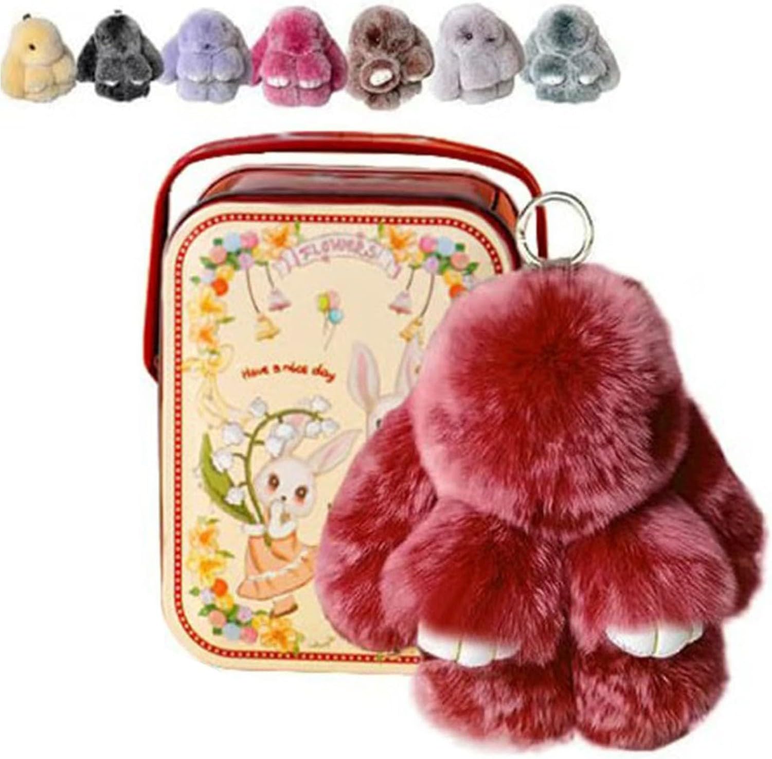 XIUNYIE Easter Bunny Plush Keychain in Iron Gift Tin, Fluffy Rabbit Keyring Kawaii Soft Furry Pendant for Handbag or Backpack Cute Decorative Charm, Birthday Christmas, #O