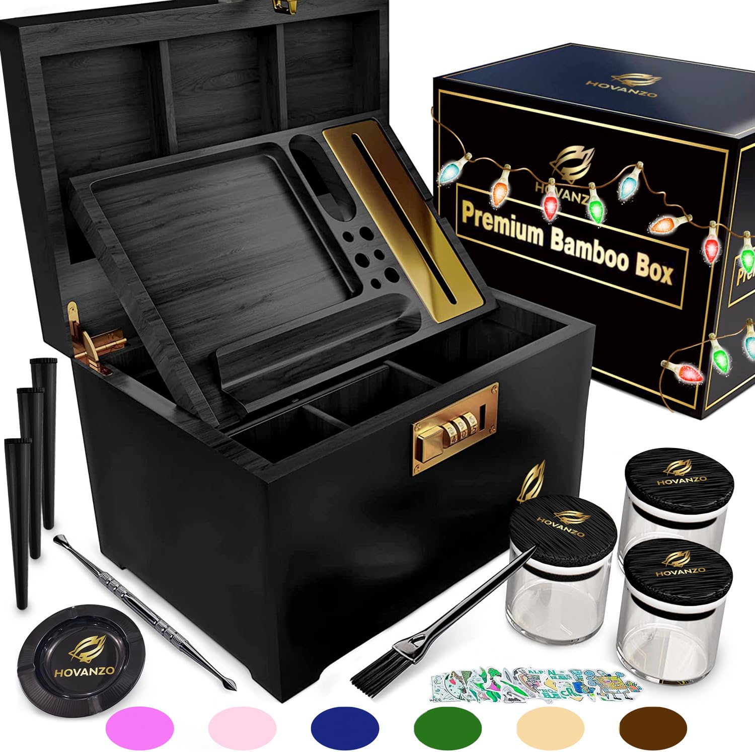 HOVANZO Premium Large Bamboo Storage Box with Removable Tray - Storage Wood Box for Herbs and Accessories - Storage Box Set with Combination Lock - Smell Proof Container with Accessories