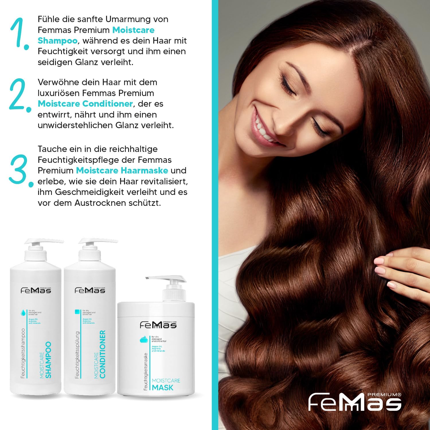 Femmas Moistcare zestaw do pielęgnacji włosów, szampon, odżywka, maska, 1000 ml
