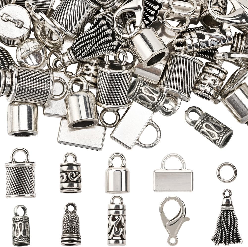 SUNNYCLUE 1 Box 230pcs Tassel End Caps Kumihimo Cord End Caps Alloy Metal Antique Silver Glue in Crimp String Leather Cords Tassel Ends Tips Supplies for Jewelry Making Kit Kumihimo Supplies Crafts