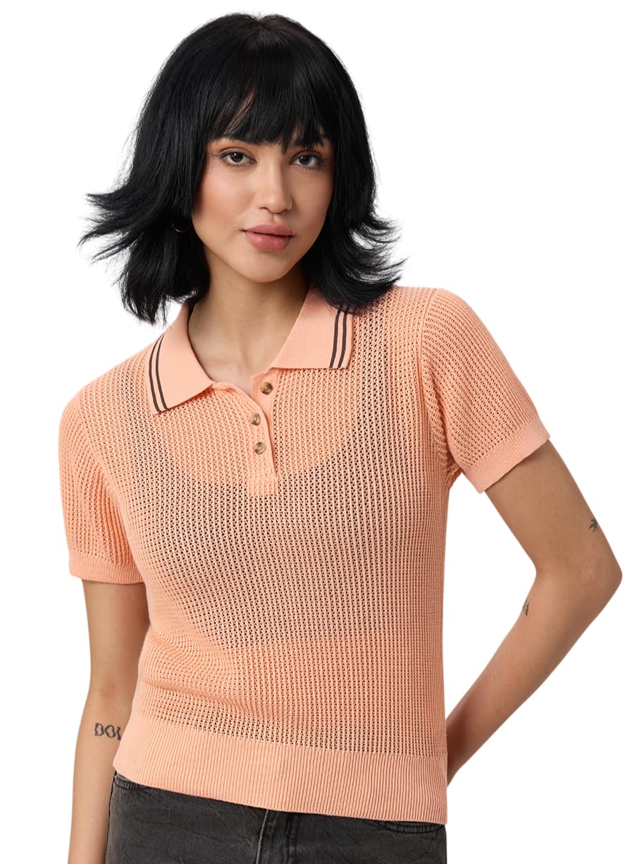 the souled store Textured Polo: Women and Girls Short Sleeve Spread Collar Solid Cotton Relaxed Fit Breathable Textured Knit Lightweight Summer Casual Polos-picture-18