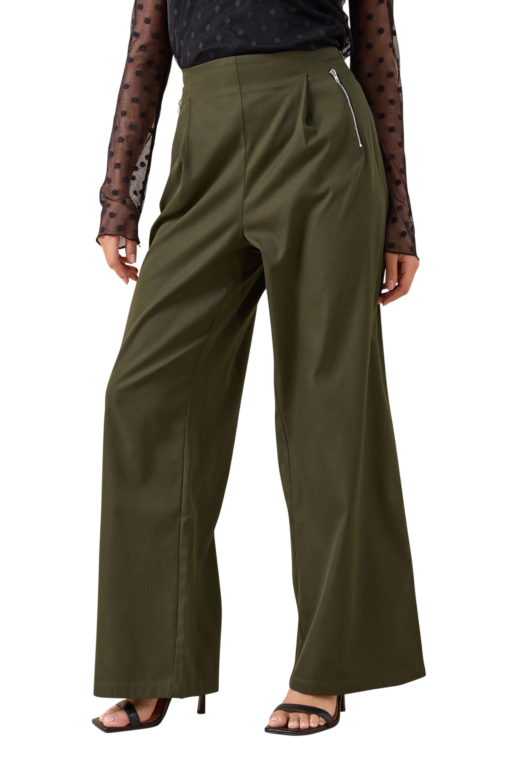 Pixiegirl Women's Khaki Petite Green Zip Pleated Trousers Petite