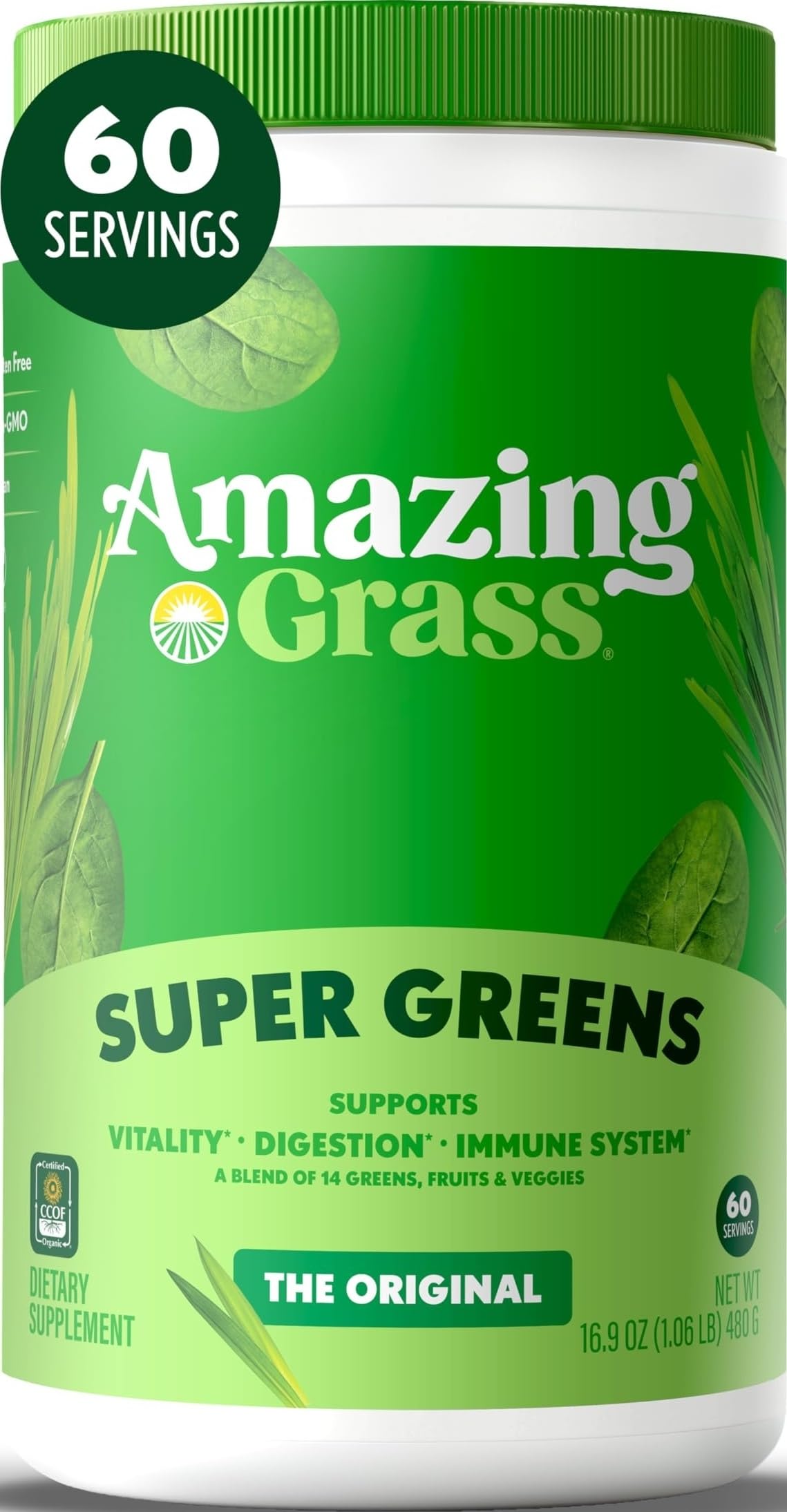 Amazing Grass Super Greens Powder Original, 60 Servings, 16.9 oz Powder Original 1.06 Pound (Pack of 1)