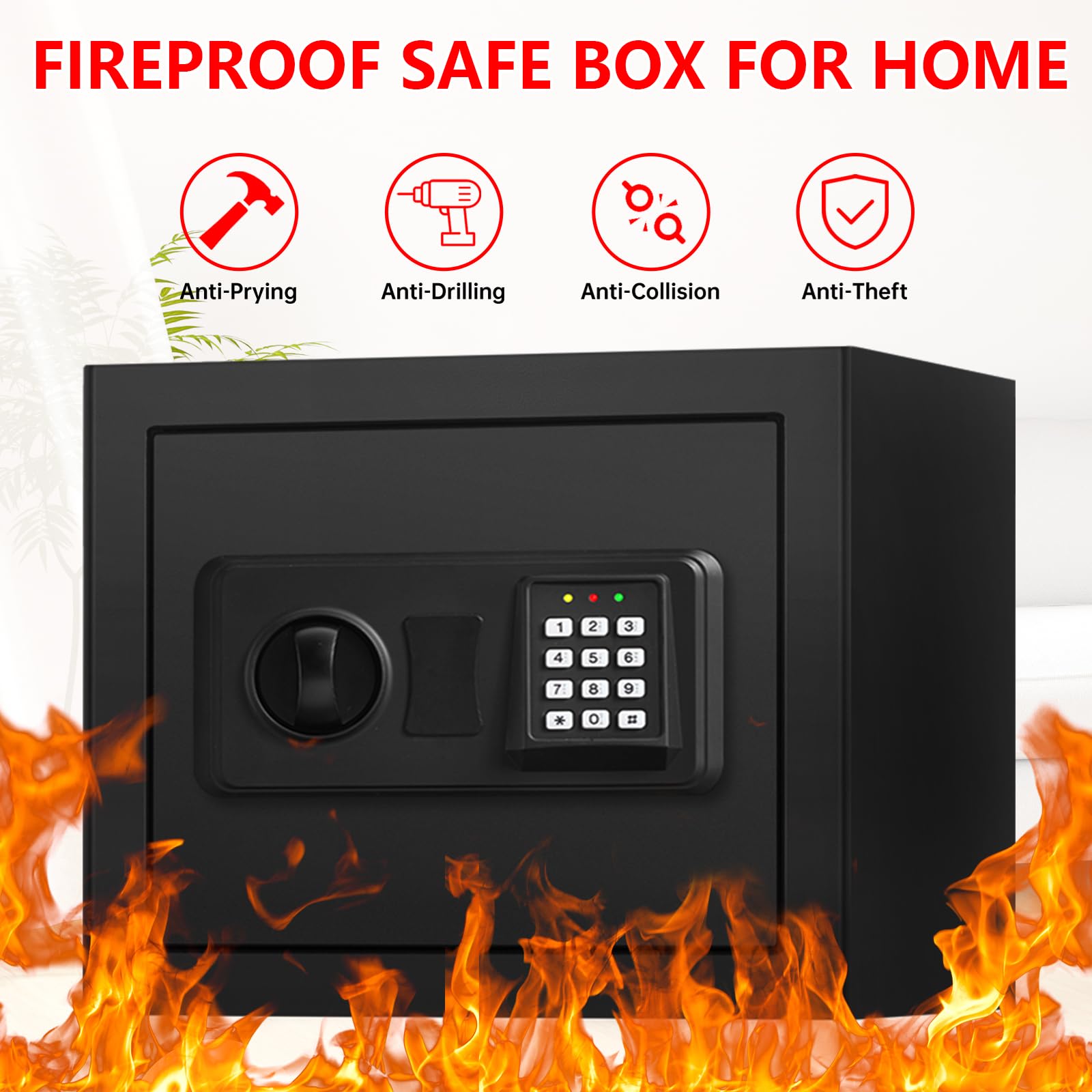 Caja fuerte pequeña de 1.2 pies cúbicos para el hogar, resistente al fuego e impermeable, antirrobo, ignífuga, con teclado digital, llaves de repuesto y estante extraíble, caja fuerte personal para el