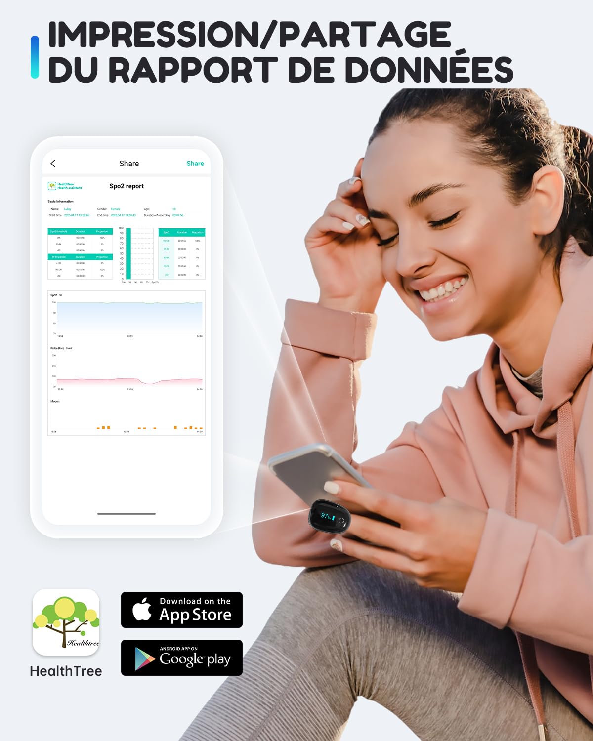HealthTree O2Ring Oxymètre de Pouls avec Bluetooth, Saturomètre Rechargeable, Suivi Continu de SpO2 & Fréquence Cardiaque avec Alertes sur App et Rapports, pour Maison, Sommeil, Sport et Voyages