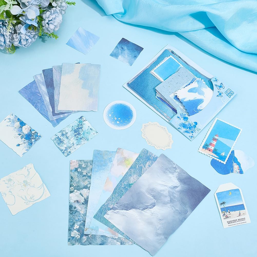 1 Box 100 Sheets 50 Styles Blue Scrapbook Paper Collage Paper Set Summer Sea Ocean Flower Pattern Vintage Decorative Paper Pack Kit for Scrapbooking DIY Craft Card Making Journal Supplies image 4