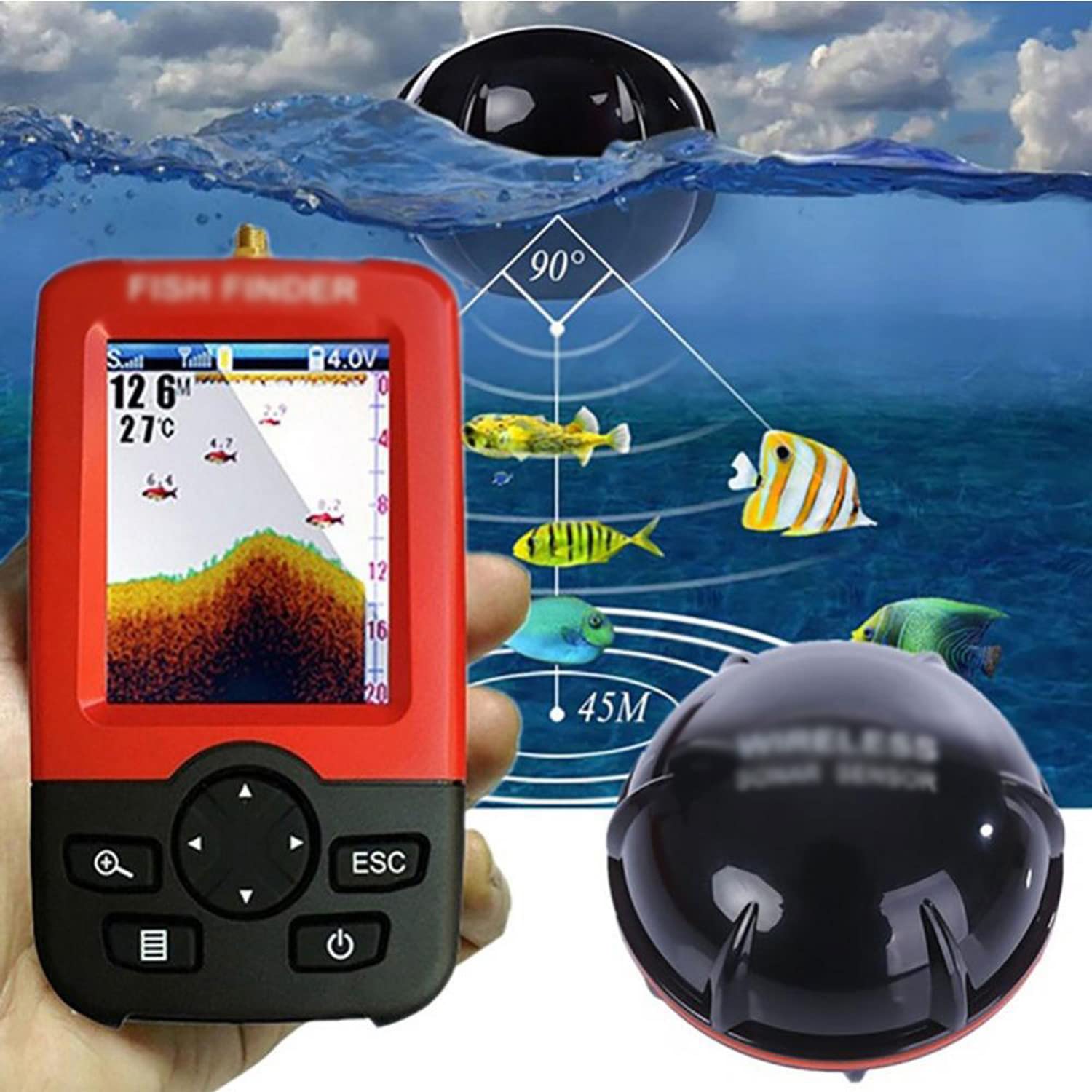 Fishfinder Wireless Portatile, ecoscandaglio con sensore ecoscandaglio, Raggio di rilevamento della profondità dell'Acqua da 3 Piedi (1 m) a 328 Piedi (100 m), per la Pesca in Barca