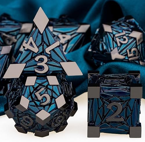 Miniatura 8 de ARUOHHA DND - Juego de dados de metal con fragmentos de cristal, dados D&D con caja de regalo, 7 dados poliédricos plateados y morados, juego de rol