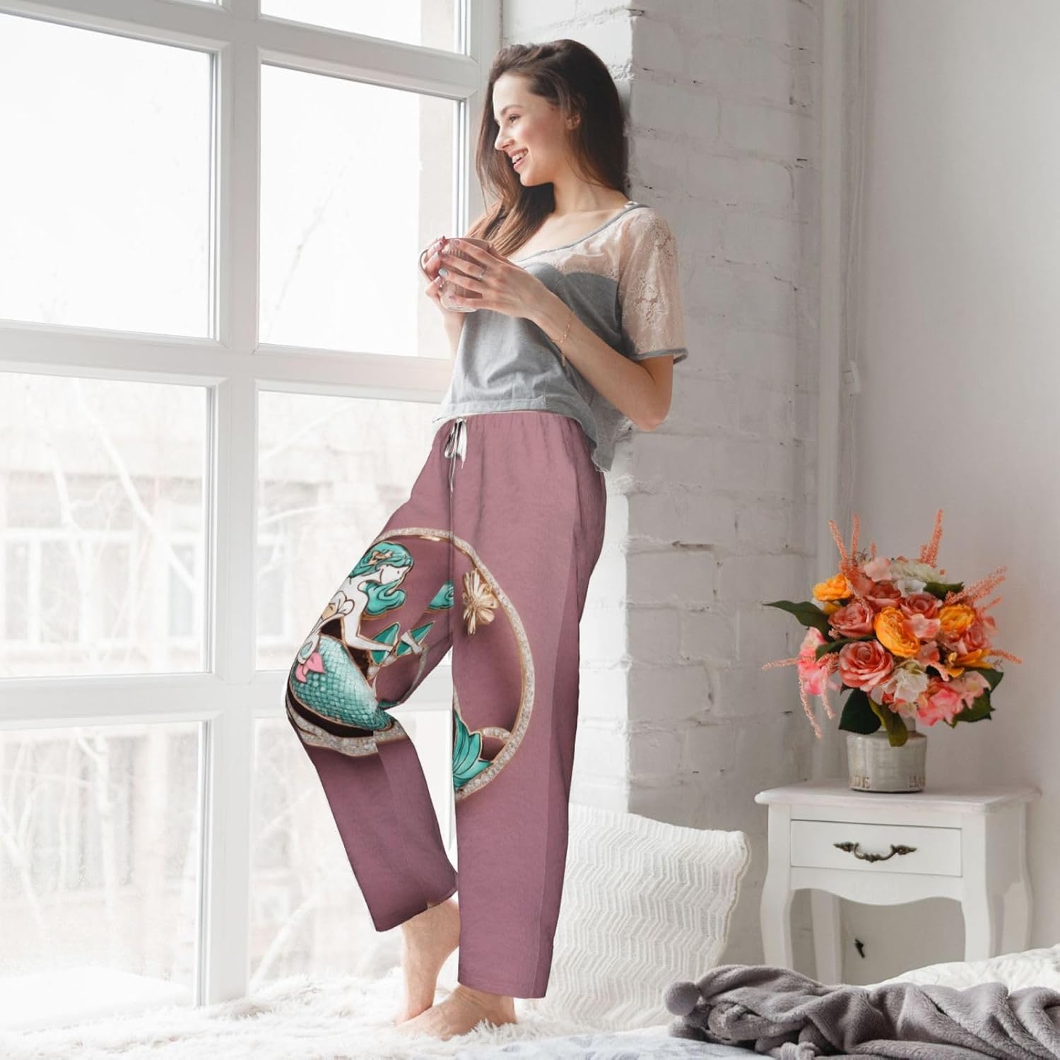 Mermaid Shape Accessory Print Cozy Flannel Pajama Pants For Women,Warm Christmas Pj Pants,Cute Fleece Pajamas