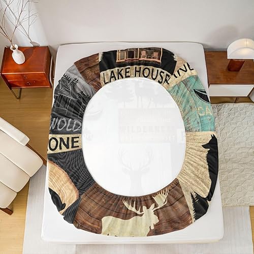 Miniatura 5 de Sábana bajera ajustable de animales de caza, diseño rústico, oso zorro, ciervo, alce, juego de sábanas de pesca para casa de campo, cabaña de campo,