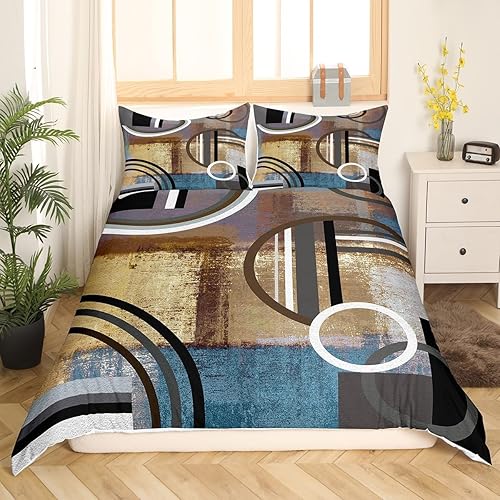 Miniatura 2 de Funda de edredón retro geométrica tamaño Queen, funda de edredón estilo grunge vintage, juego de ropa de cama marrón, negro, azul, gris, funda de