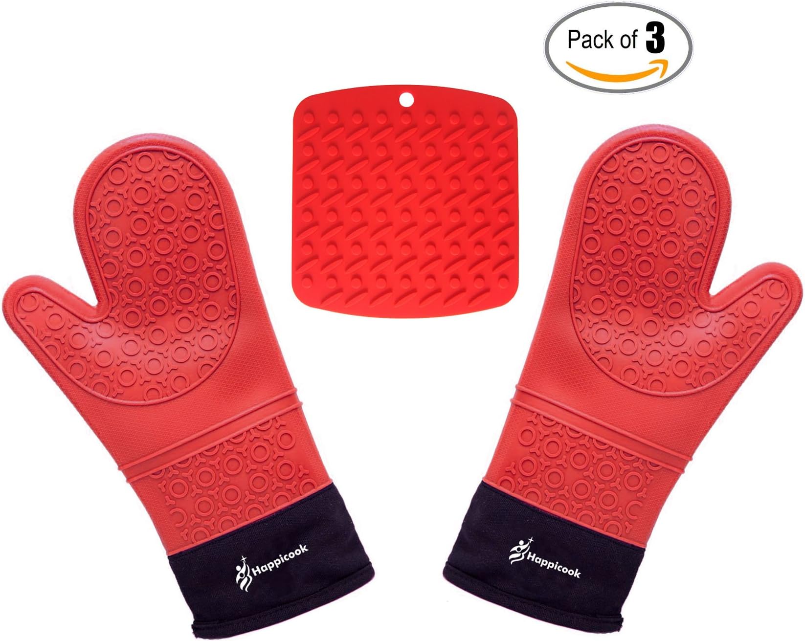 Happicook Heat Resistant Silicone Red Oven Mitts 1 Pair and Pot Holder Set
