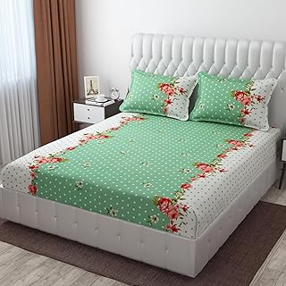 Glace Cotton Fitted King Size Bedsheet for Double Bed with 2 Pillow Covers 72x78x8'' All Round Elastic (Print 3, Floral & Traditional King)