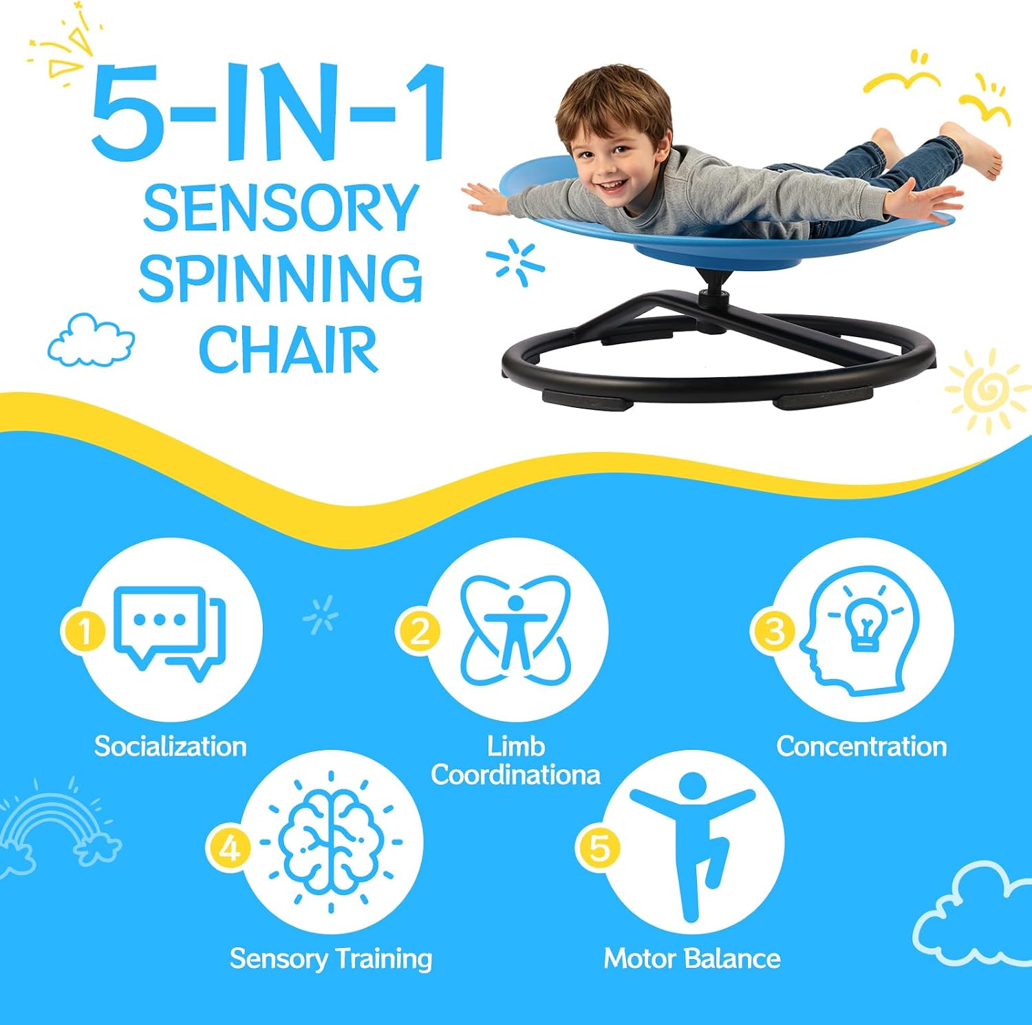 Spinning Chair for Autistic Kids,Swivel Chair for Kids, 220 lbs Weight Capacity, Autism Chair for Developing Physical Coordination, Sensory Toy Gift for Children with Autism and ADHD, 3+ Years (Blue)