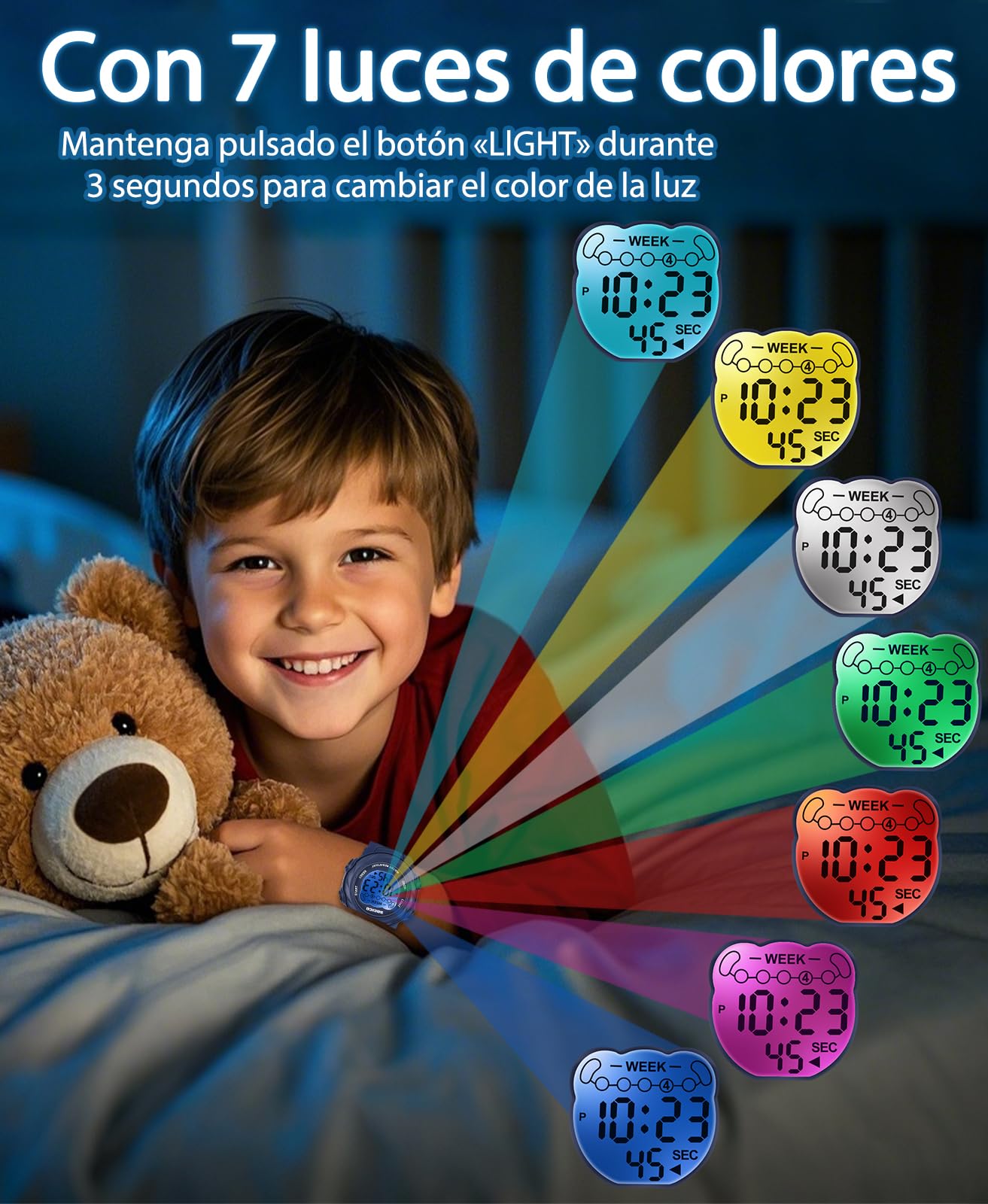 SOCICO Reloj Digital para niños y niñas, Resistente al Agua 5ATM, Reloj Infantil Iluminado con 7 Colores y cronómetro con Alarma para niños y niñas de 5 a 12 años.