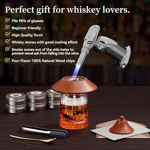 Miniatura 3 de Kit de ahumador de cóctel con antorcha y vaso de whisky, chips de madera de 6 sabores y 3 piedras de whisky para whisky y bourbon, regalo para