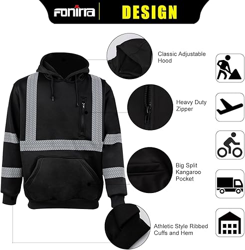 Miniatura 3 de FONIRRA Sudadera con capucha de forro polar de seguridad de alta visibilidad para hombre, sudadera reflectante ANSI Clase 3 con parte inferior negra