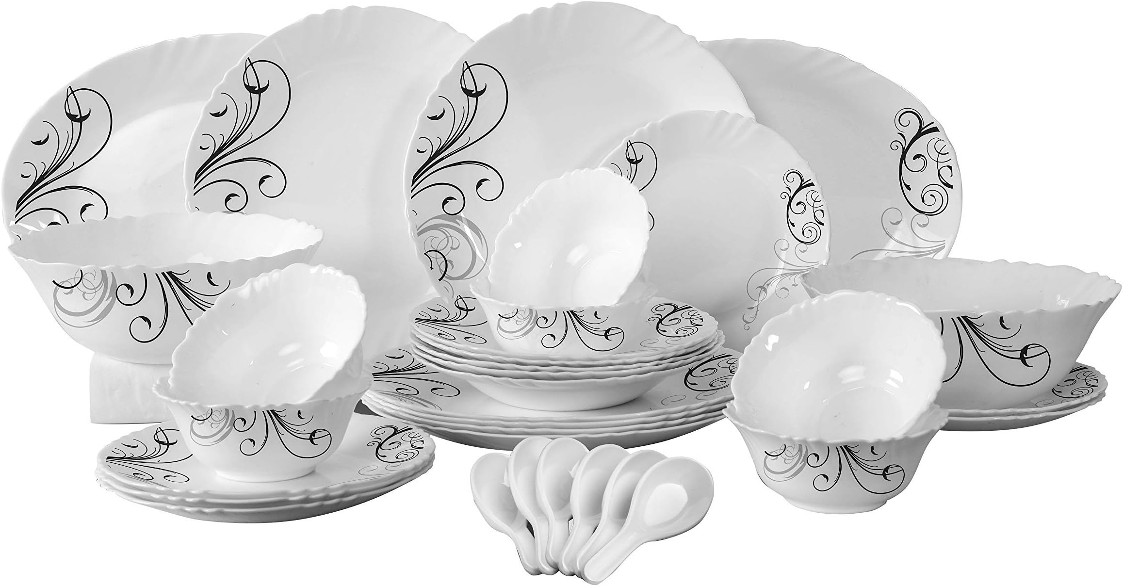34Pcs Opal Ware Dinner Set Floral Design Plates, Bowls, Spoons | Comfortable Handling | Perfect For Family Everyday Use, and Family Get Together, Restaurant, Banquet and More (White and Black)