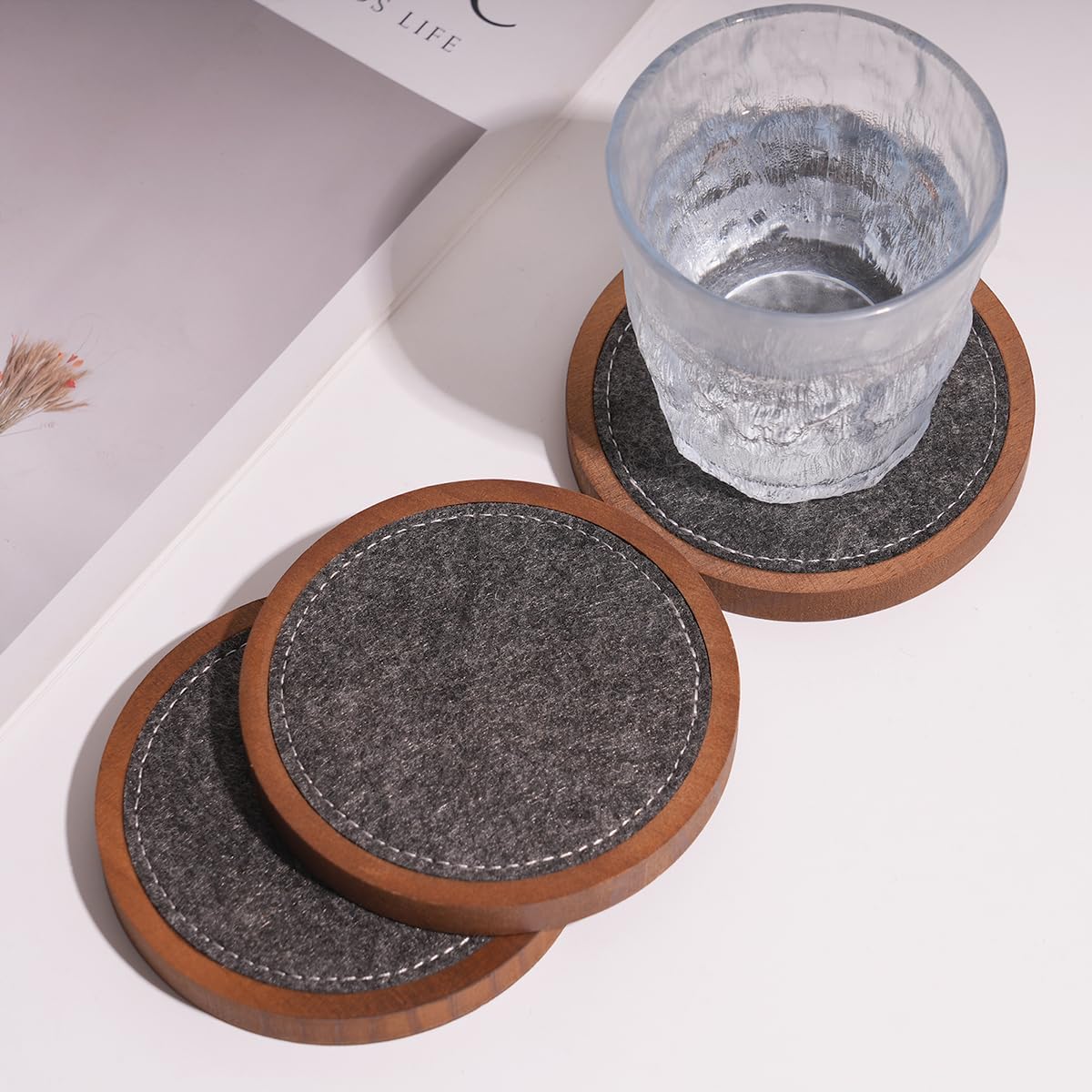 Wood Coaster for Drinks, Set of 5, Absorbent and Insulation Felt Stackable Cup Holders, Coasters for Wooden Table,4.15 inch - Image 5