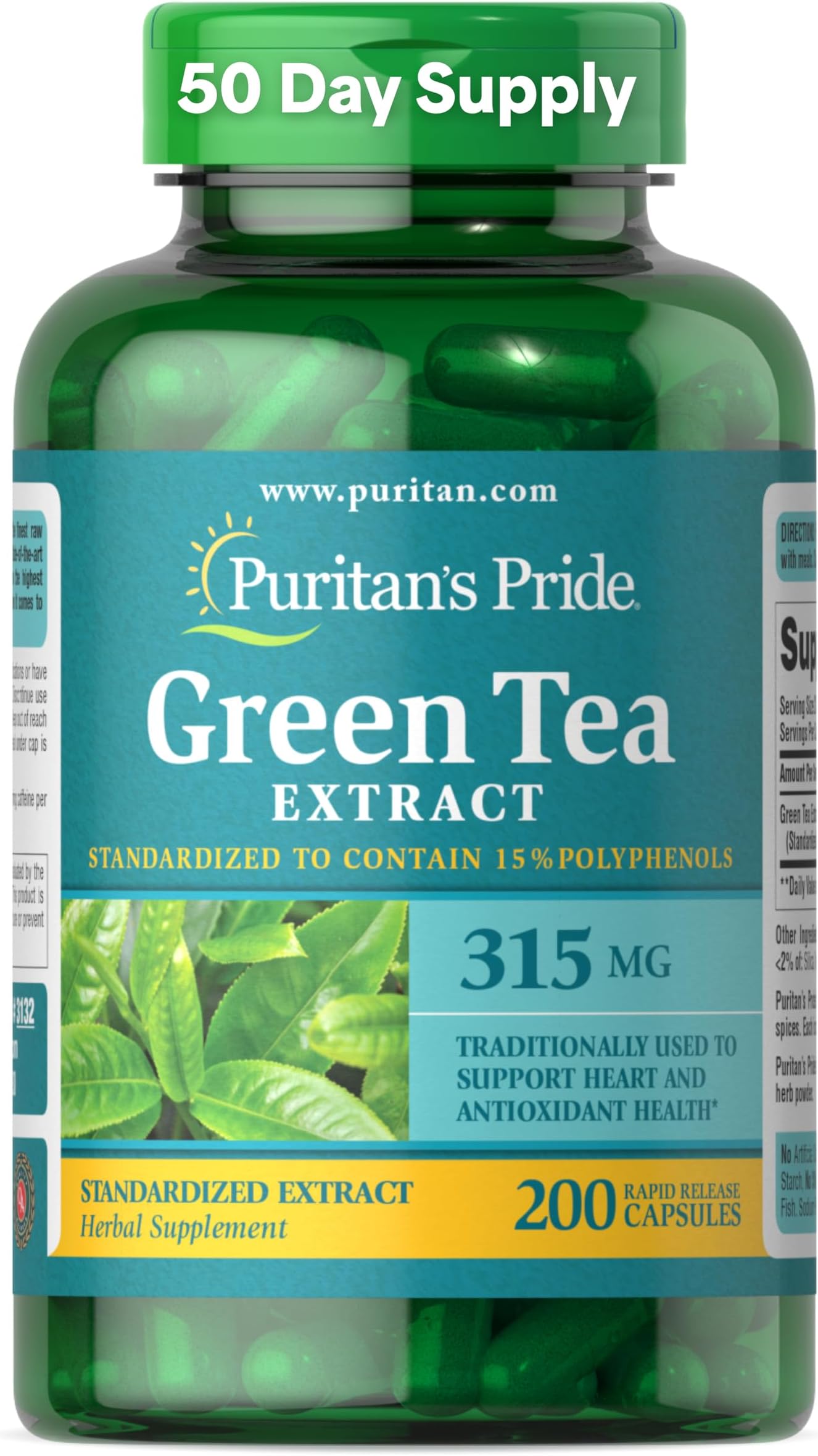 Green Tea Standardized Extract 315mg, Dietary Herbal Supplement for Antioxidant Health Support, EGCG, 3 Month Supply, 200 Rapid Release Capsules