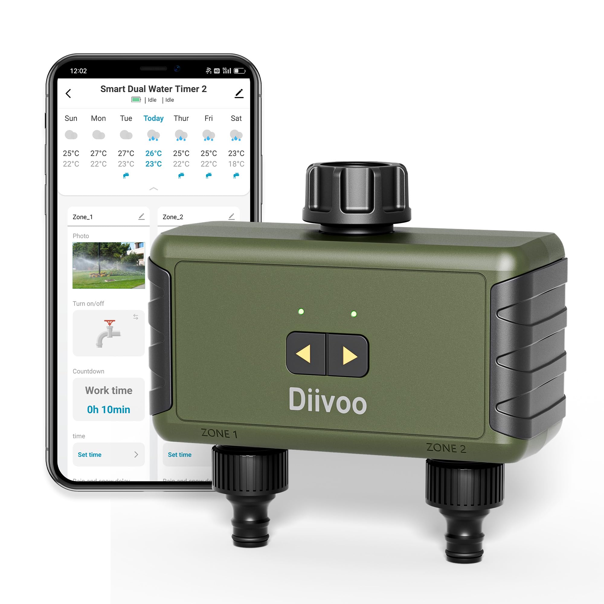 Bluetooth Water Timer 2 Zone, Diivoo Smart Irrigation Sprinkler Timer Up to 40 Separate Programmable Schedules, Hose Computer with Rain Delay and Manual Watering, for Garden Lawn Hose