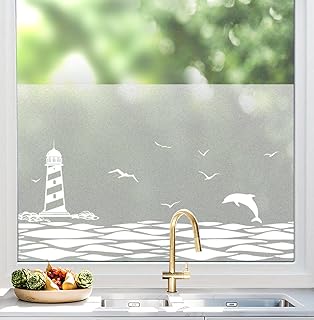 dktie Window Film, Opaque Privacy Film, Window Frosted Glass Film, Sea Pattern, Static Adhesion without Glue, Reusable, Su...