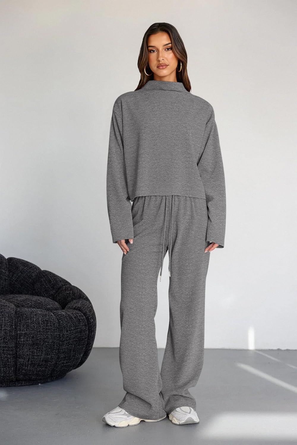 PRETTYGARDEN Women Spring Sweatsuits Two Piece Sets Mock Neck Long Sleeve Knit Tops Wide Leg Pants Lounge Set Travel Outfits - Image 2