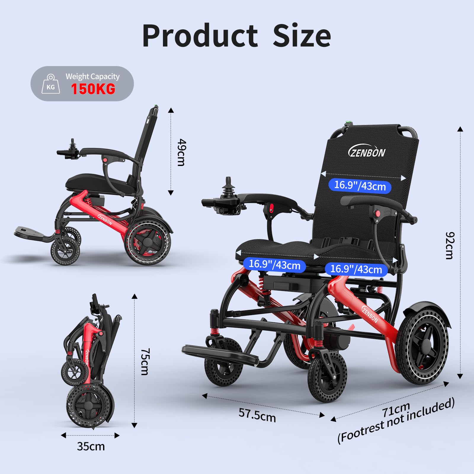 Sedia a rotelle elettrica pieghevole leggera 17,8 kg: Sedia a rotelle elettrica con telecomando e pulsante di spinta posteriore - Sedia a rotelle elettrica fuoristrada pieghevole 150 kg