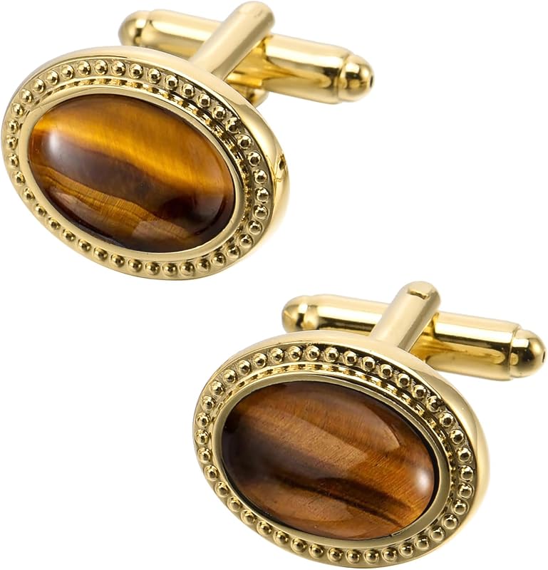 Oval Natural Tigers Eye Gemstone Cufflinks for Men Silver/Gold Plated