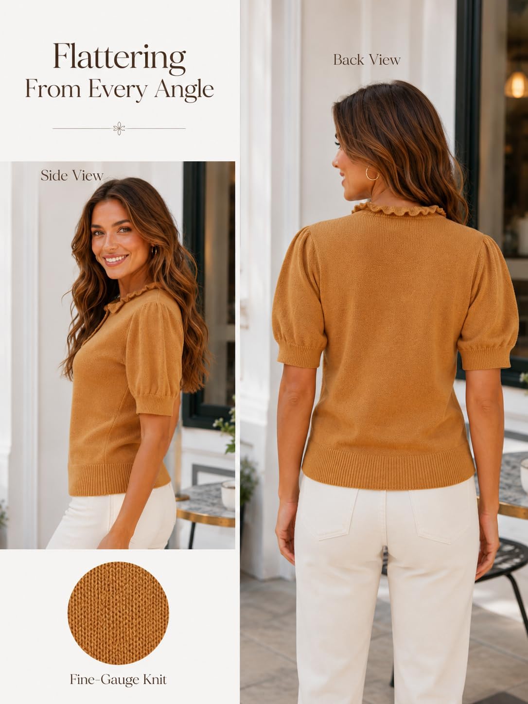 Short Sleeve Sweater for Women Ruffle Crewneck Puff Sleeve Trendy Pullover Knit Tops 2026 Lightweight