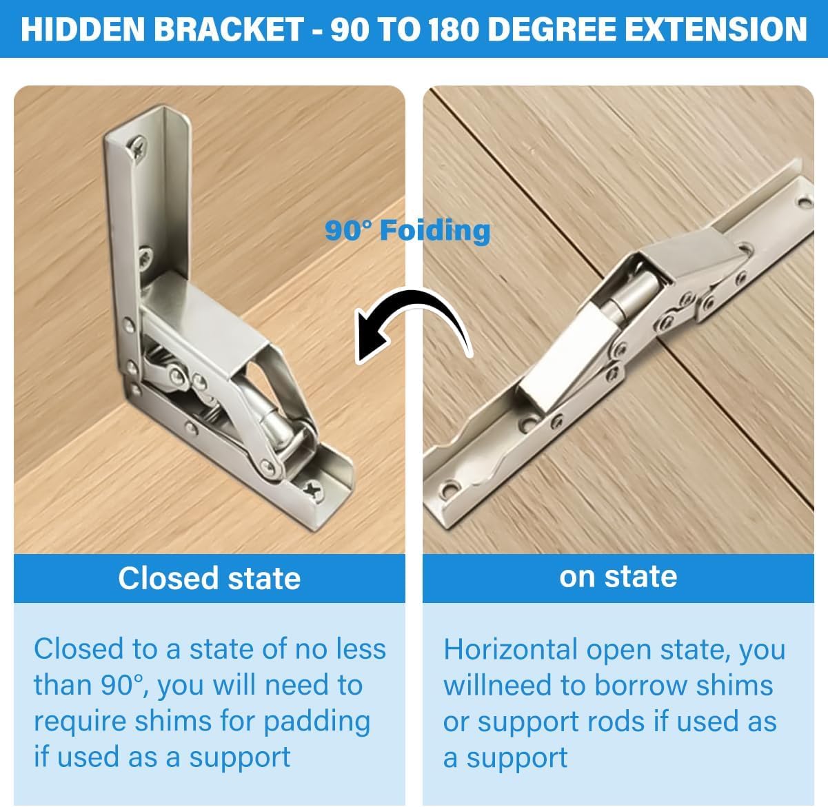 Folding Brackets with Self-Locking Hinges, 2 Pack Folding Door Shelf Hinge with Screws Hidden Hinges for Cabinet Doors for Furniture Leg, Cabinet, Table Holder,Folding 0°-90°-180°