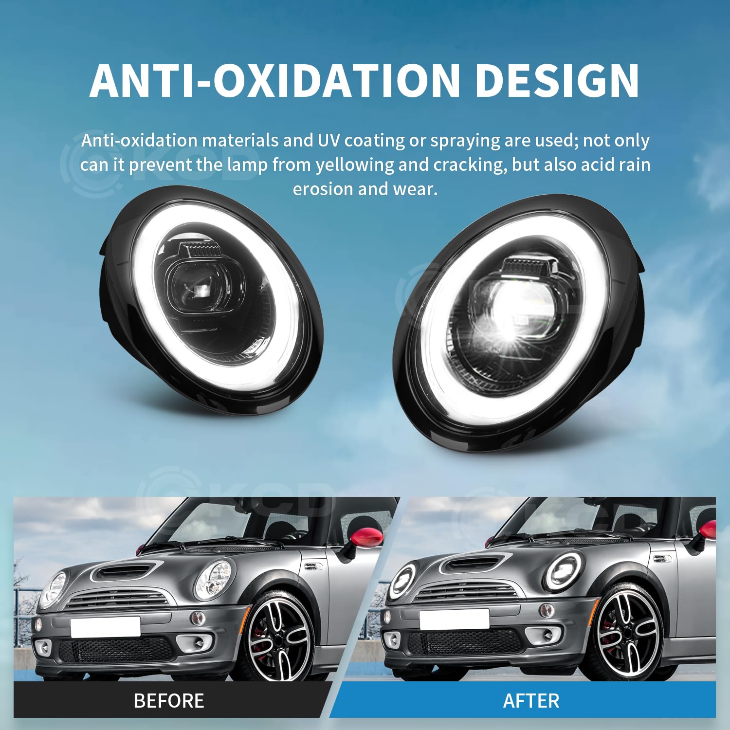 LED Fanali anteriori compatibili con Mini Hatchback Convertible R50 R52 R53 2001-2007,Fari con DRL blu respirante e freccia sequenziale, Nera