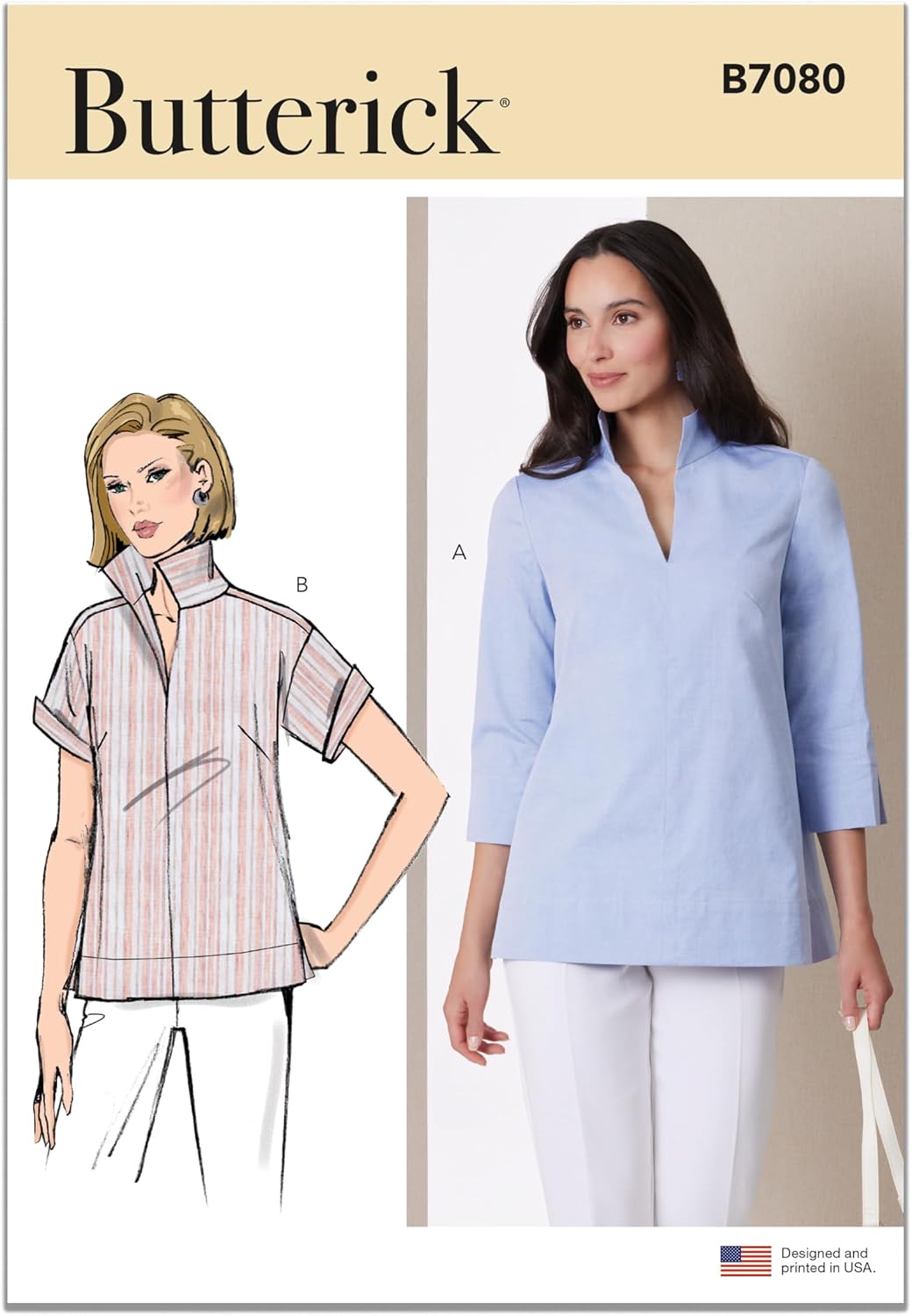Butterick B7080 Sewing Pattern for Misses' Stand Collar Blouse with Sleeve Variations