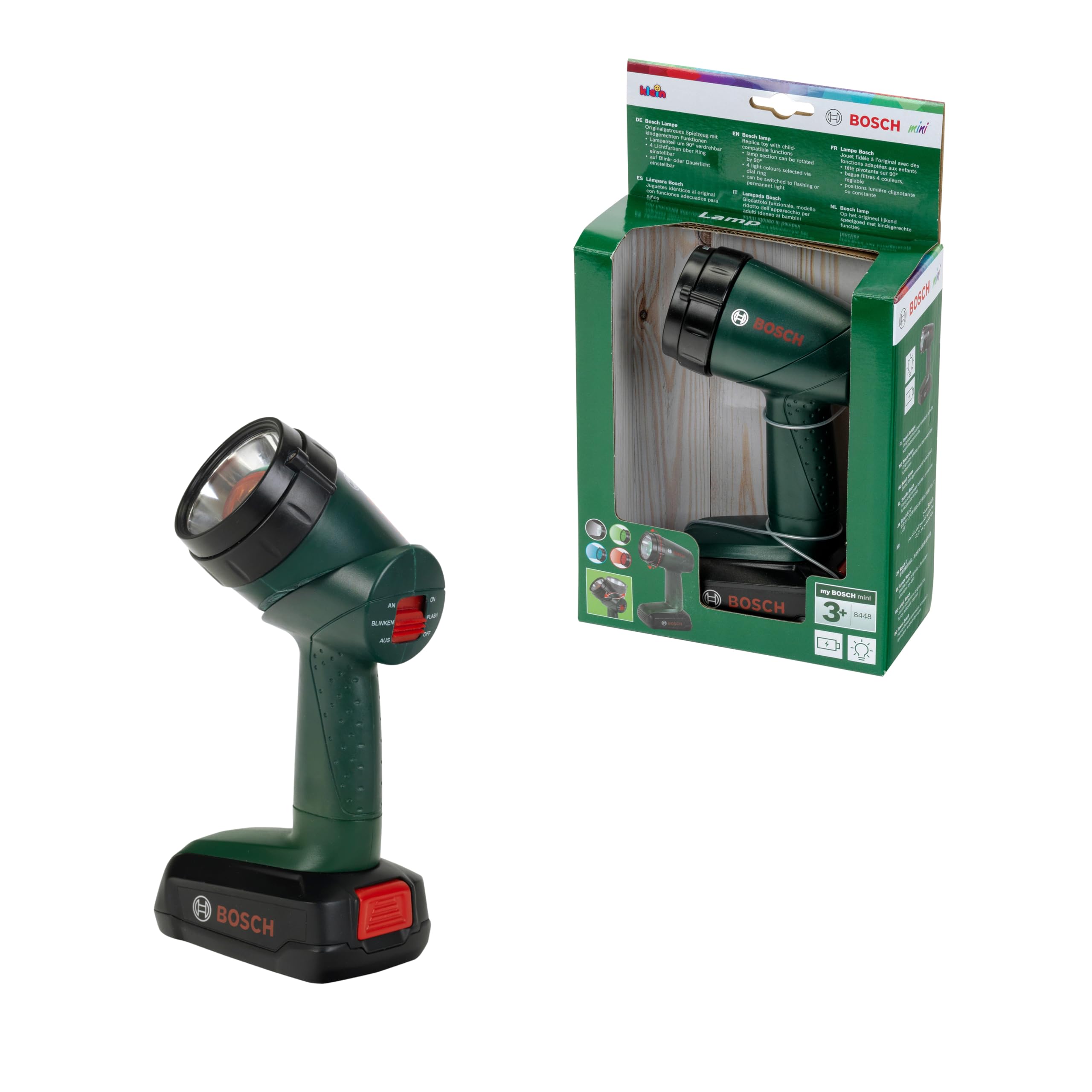 Theo Klein 8448 Bosch Akku-Lampe | Batteriebetriebene Lampe um 90 Grad drehbar | 4 Lichtfarben | Maße: 9,5 cm x 6,4 cm x 18 cm | Spielzeug für Kinder ab 3 Jahren