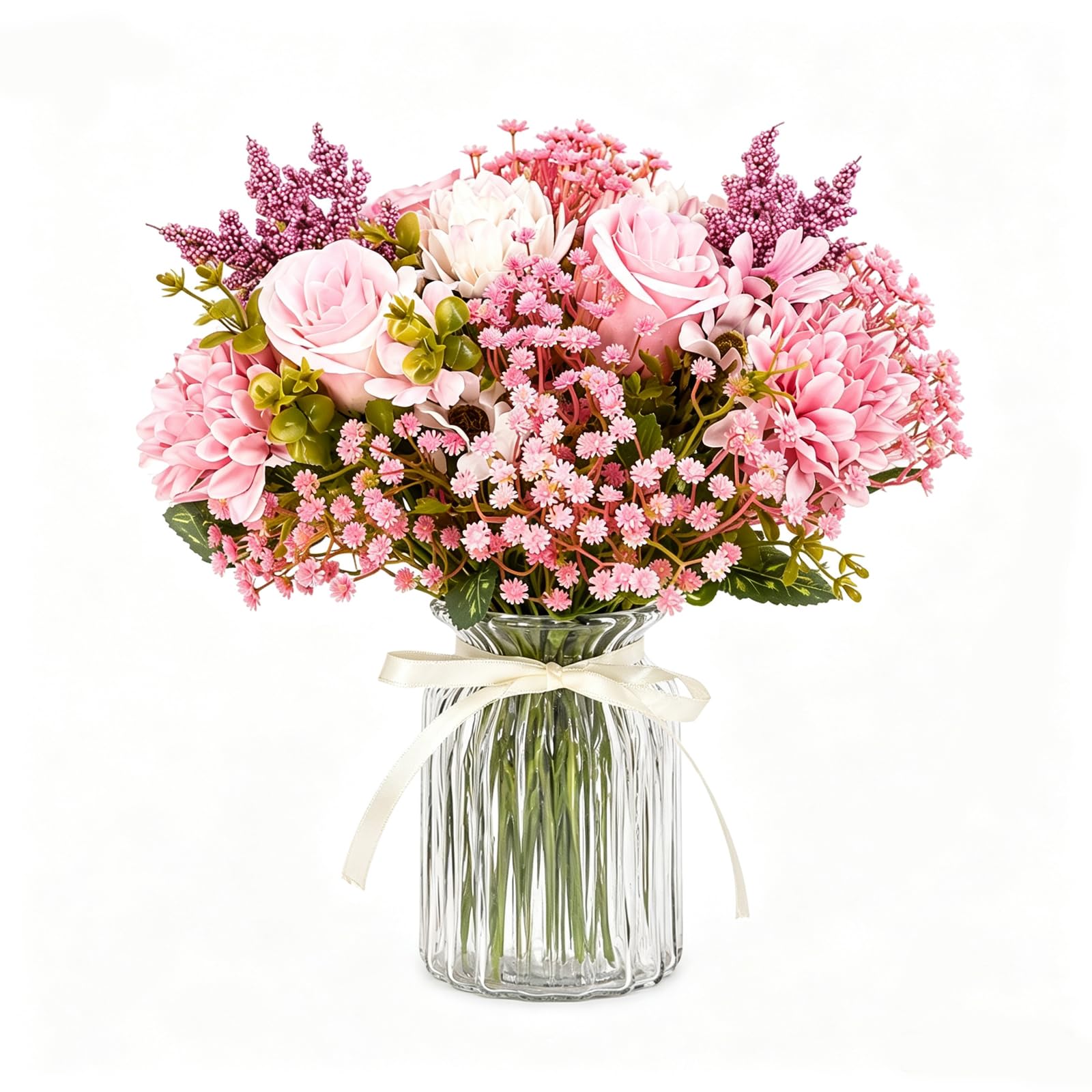 Artificial Flowers Bouquet with Baby's Breath, 22PCS Pink Faux Flowers