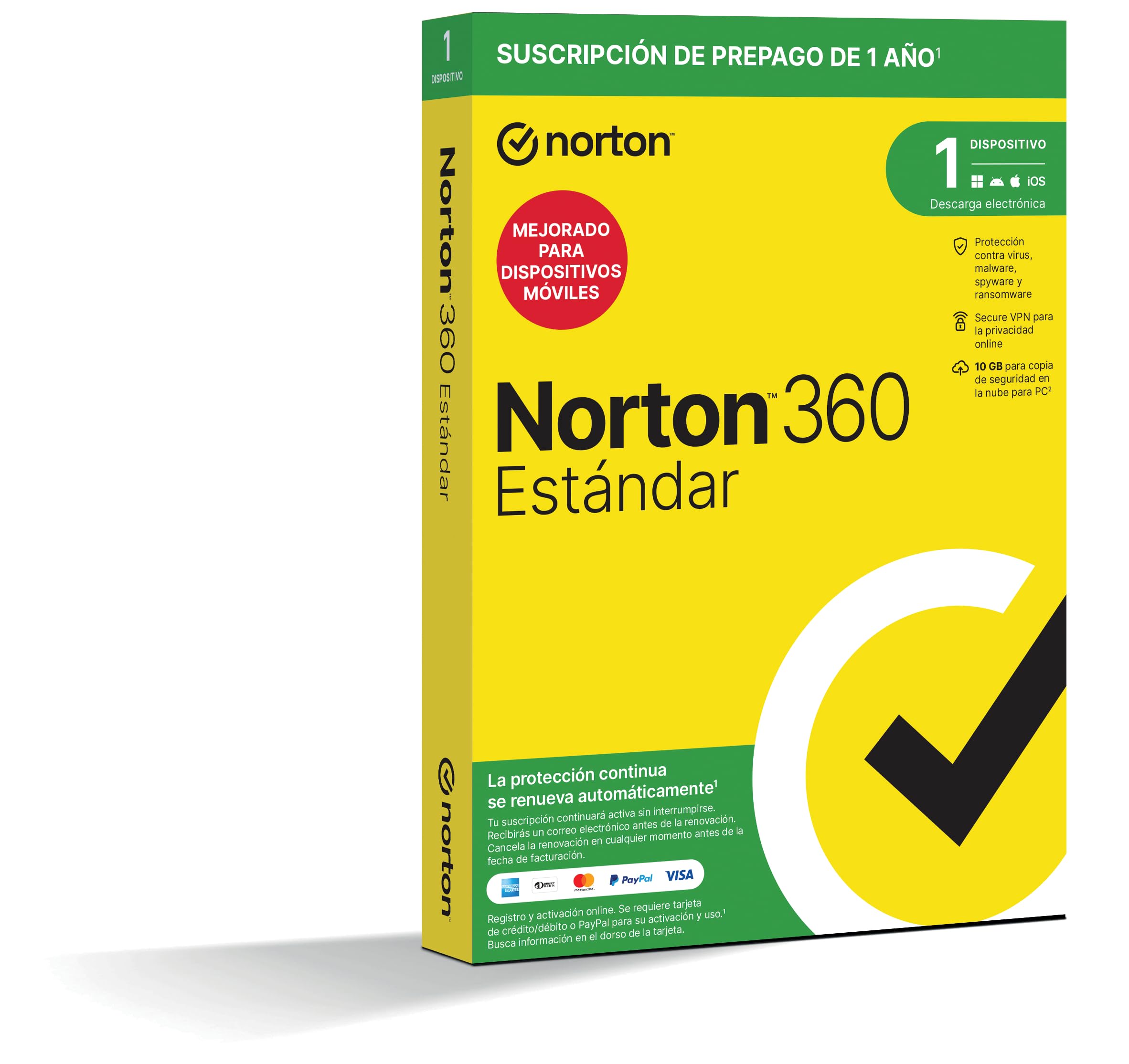 Norton 360 Estándar 2026 - Antivirus Software para 1 Dispositivo y 1 año de Suscripción con Renovación Automática, Secure VPN y Gestor de Contraseñas, para PC, Mac Tableta o Smartphone