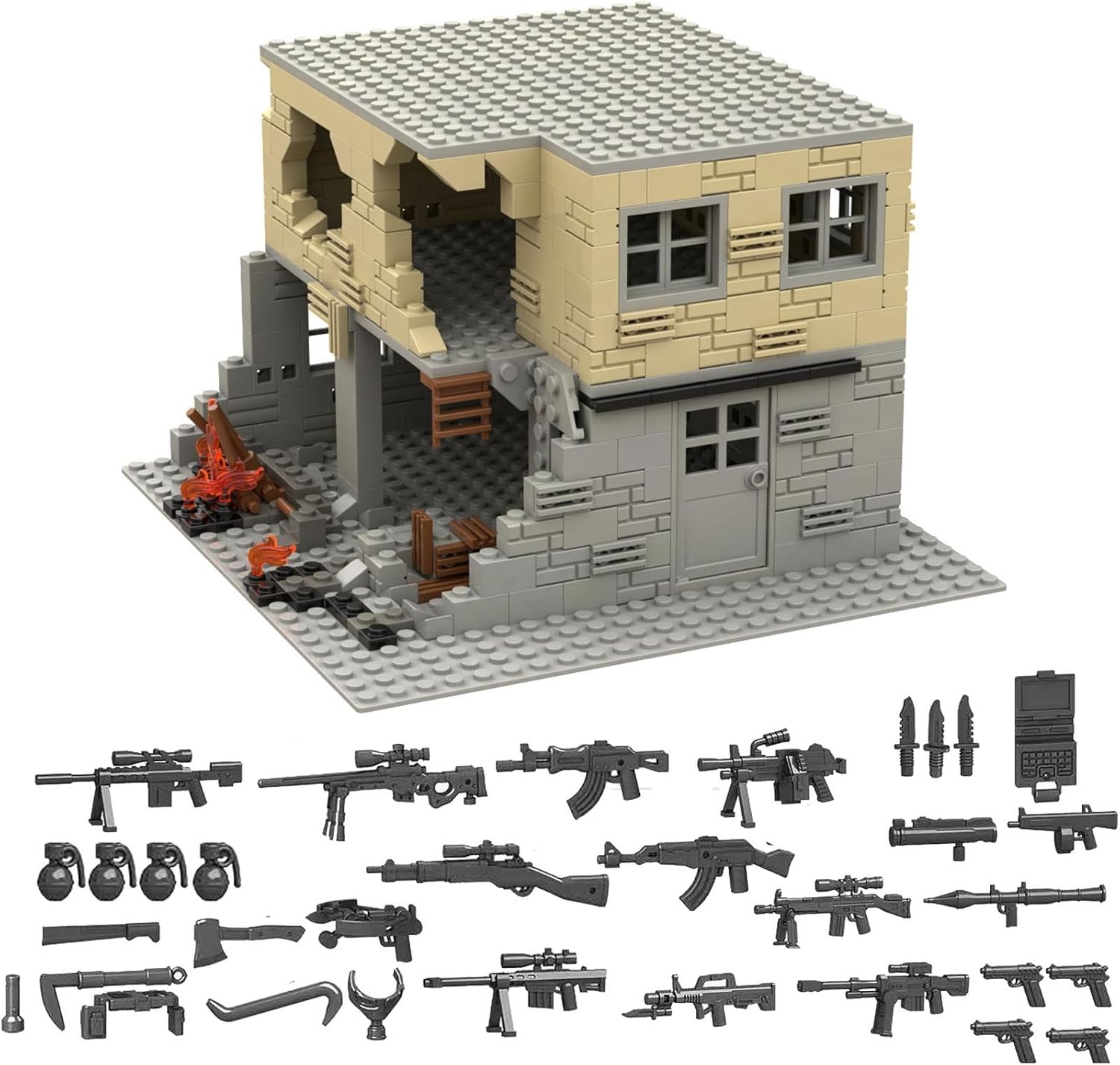 WW2 Military Scene Military Buildings with Toy Weapon Pack Accessories, Military Diorama Base Set Ruins Building Blocks, Accessories Toys (Scene B)