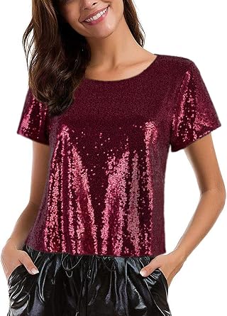 Vijiv Womens Glitter Glam Sequin Top Loose Sleeves Sparkly Shimmer Party Bridesmaid Sequined Tunic Top