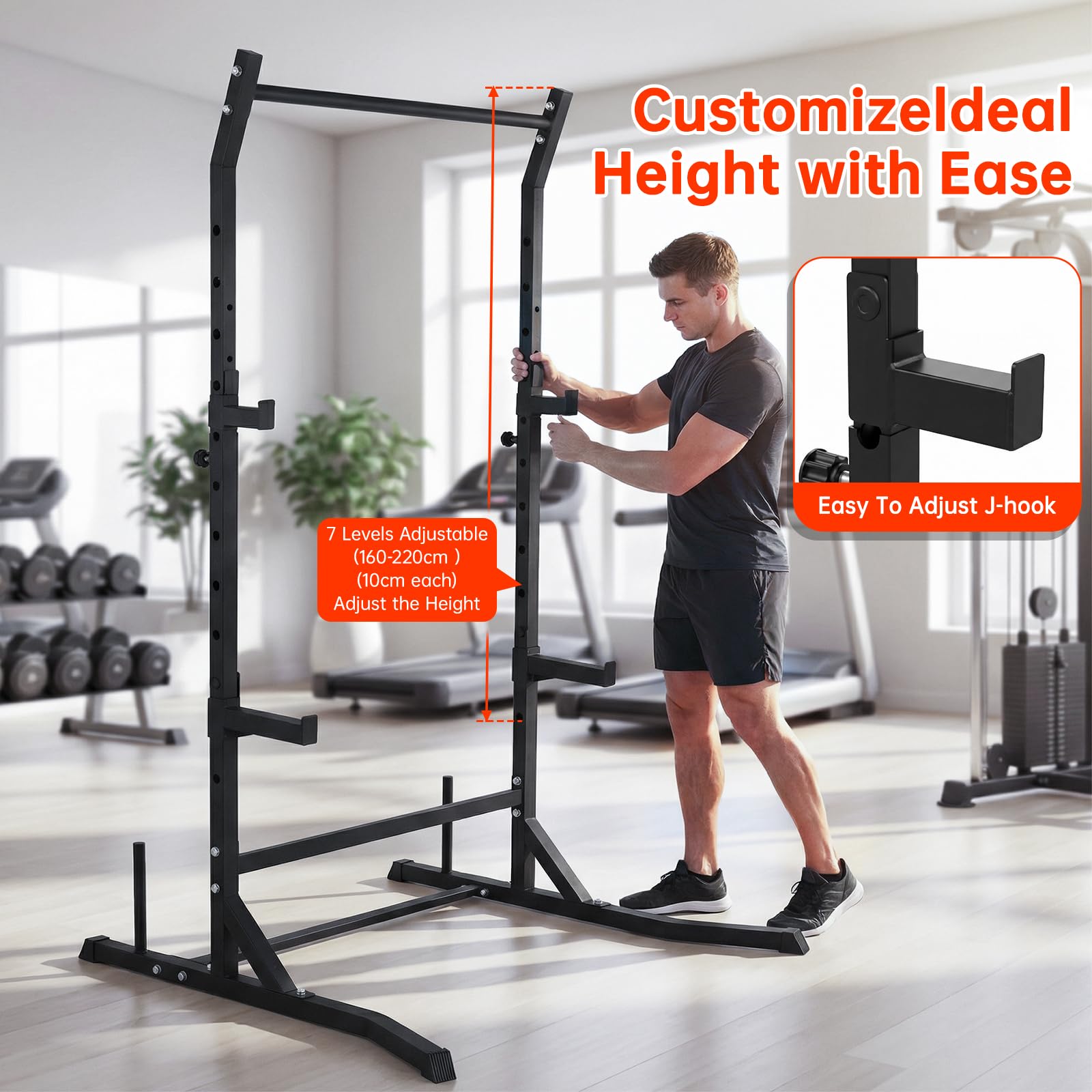 Power Cage Squat Rack Belastbar, Kraftturm Multifunktionales Power Rack für Home Gym Dip Stange, Verstellbarem J-Haken & Sicherheitsstangen für Klimmzüge mit Langhantel