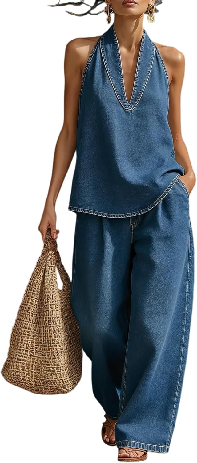 Women's Fashion Halter Denim Sets, Cozy Two-Piece Denim Set - Halter Neck Top and High Waisted Wide Leg Pants