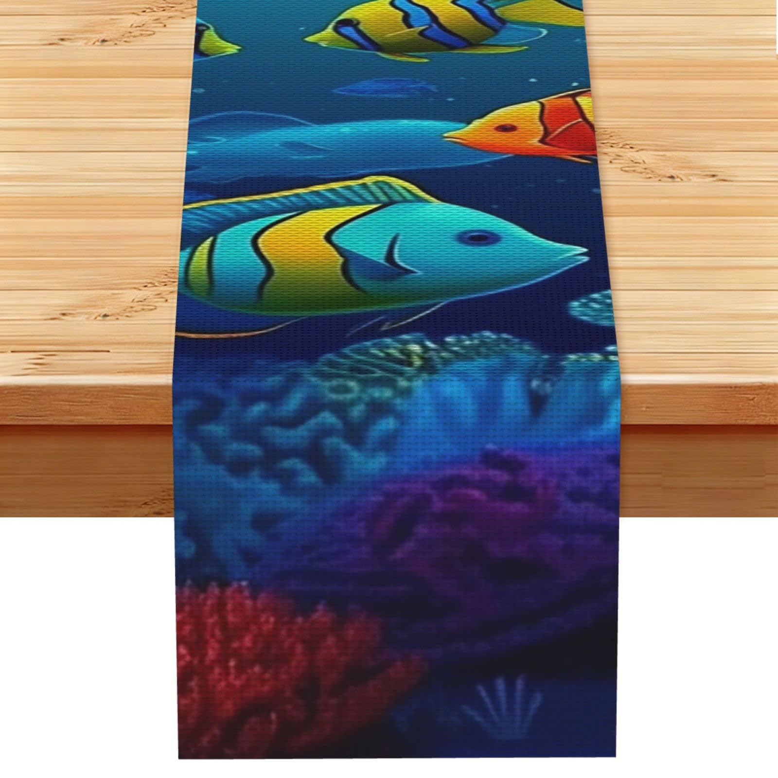 Underwater World Colorful Fishes Table Runner 13 x 72 Inches Long, Cotton Linen Table Runners for Kitchen Dining Table Decoration - Washable Tablecloth Modern Tablerunner for Home Party Decor