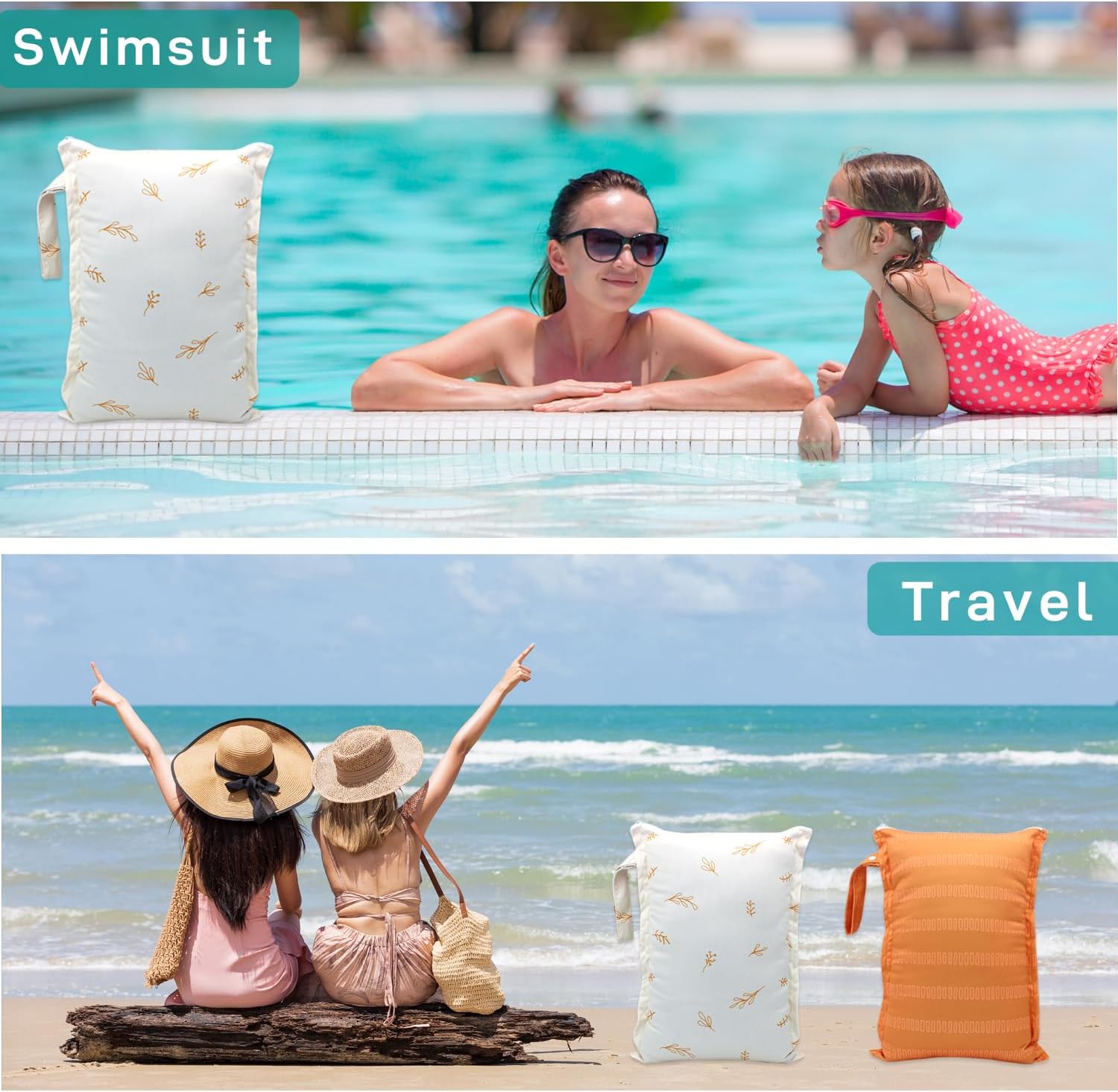 Wet Dry Bag 2pcs Waterproof Reusable Wet Bag for Swimsuits, Baby Cloth Diaper, Travel, Beach, Pool, Bathing Suit, Gym Wet Clothes (Orange Leaf) image 4