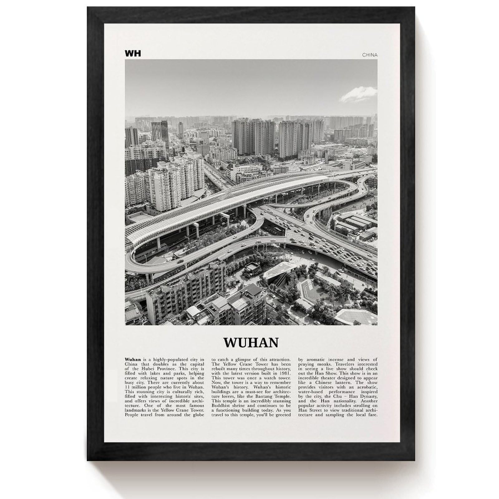 Wuhan Print Black And White, Wuhan Wall Art, Wuhan Poster, Wuhan Photo, Wuhan Wall Décor, Wuhan Map, China Canvas Art Poster And Wall Art Picture Print Modern Family Bedroom Decor Posters 16x24inch(40