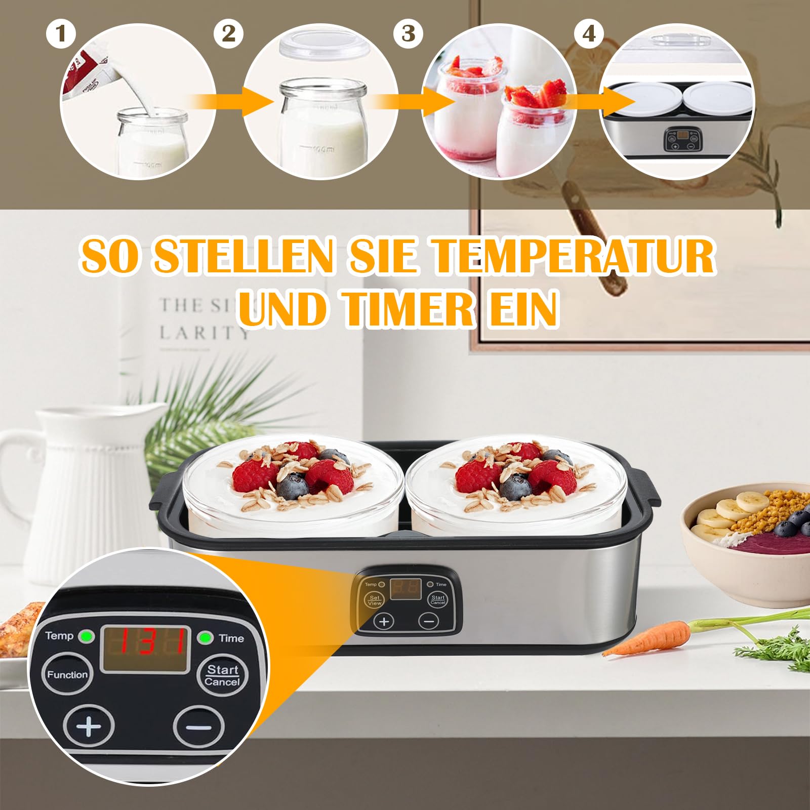 2L Joghurtbereiter,Joghurtmaschine mit 2 Gläsern,Joghurt Maker mit Temperatursteuerung und Time, multifunktionaler automatischer griechischer Joghurtbereiter, (EU -Stecker 220 V)