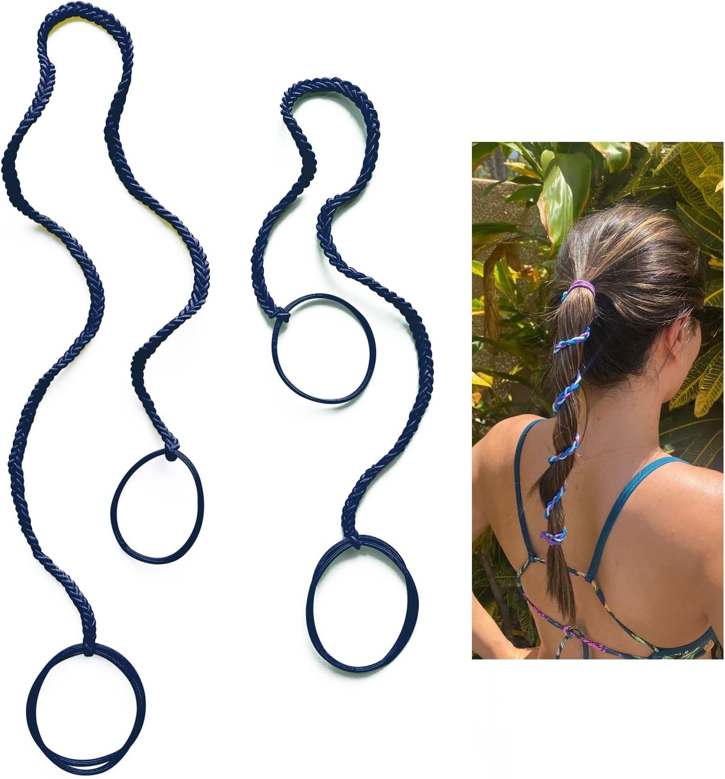 2 Packs (1pc16"+1PC 25") Navy Blue Hair Ties No Metal Hook for Women, Elastic Pony Tail Wrap Tie No Damage for Long Thick Curly Hair Strong Braided Ponytail Holders for Water Wind Sports