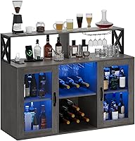 Garvee Wine Bar Cabinet with LED RGB Lights, Wine Rack, Glass Holders & Power Outlets - Gray Rustic Farmhouse for Living Room