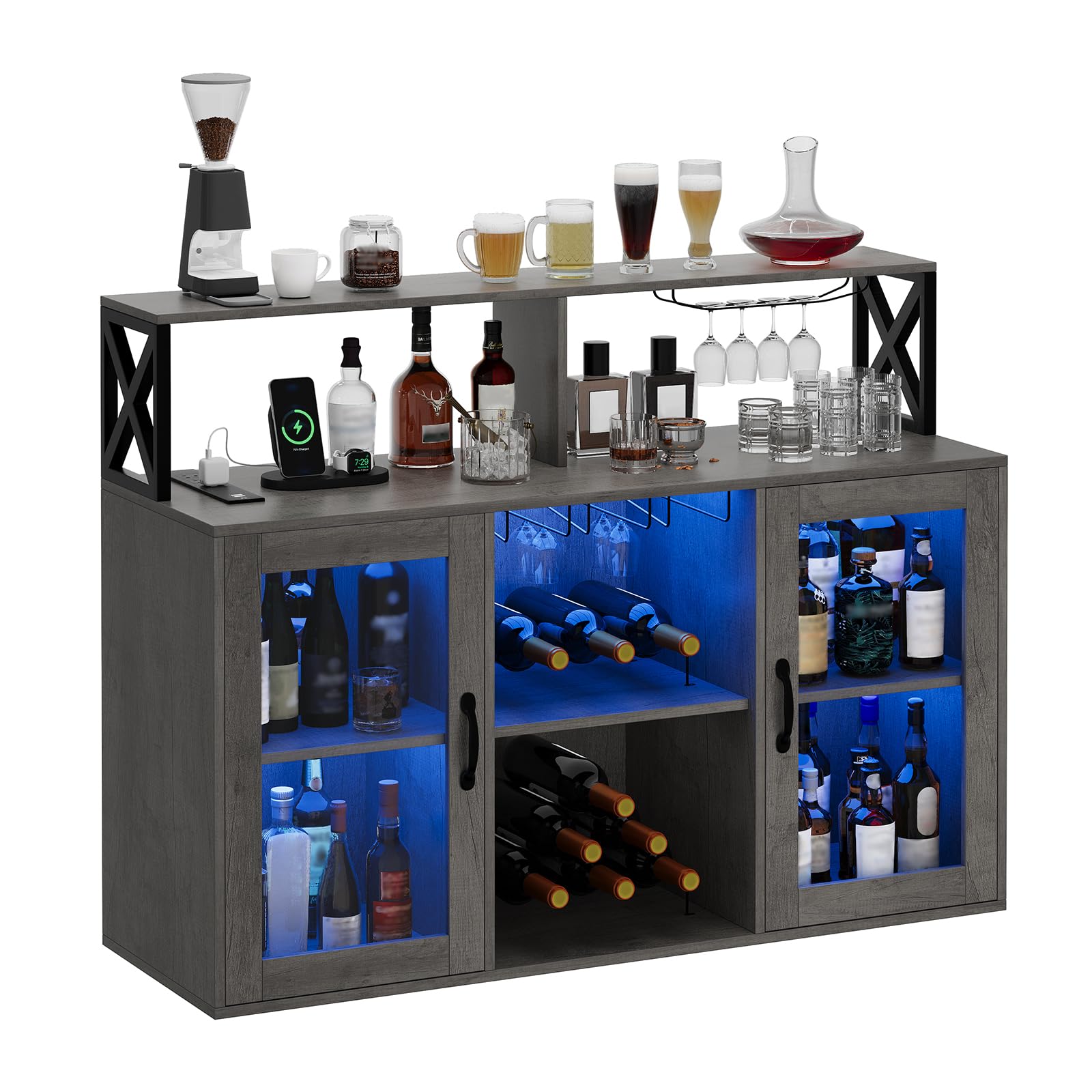 Garvee Wine Cabinet with LED Light, Bar Cabinet with Wine Rack, Glass Holder, and Power Outlets, for Living Room Dining Room, Gray